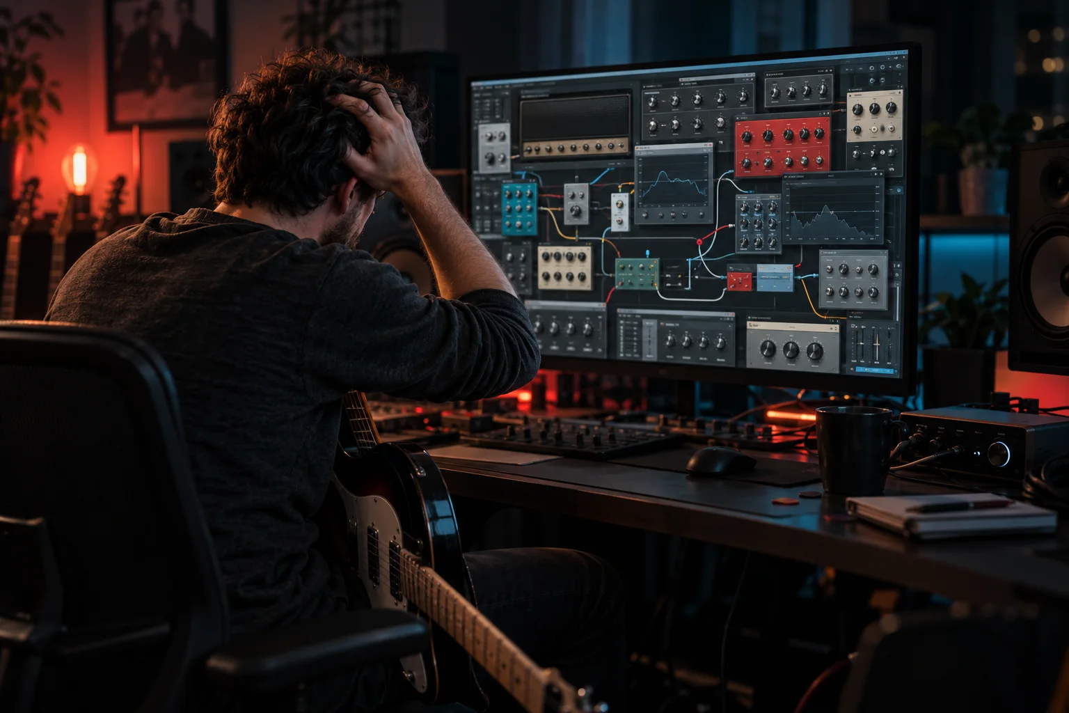 Guitarrista frustrado diante de uma cadeia de plugins confusa