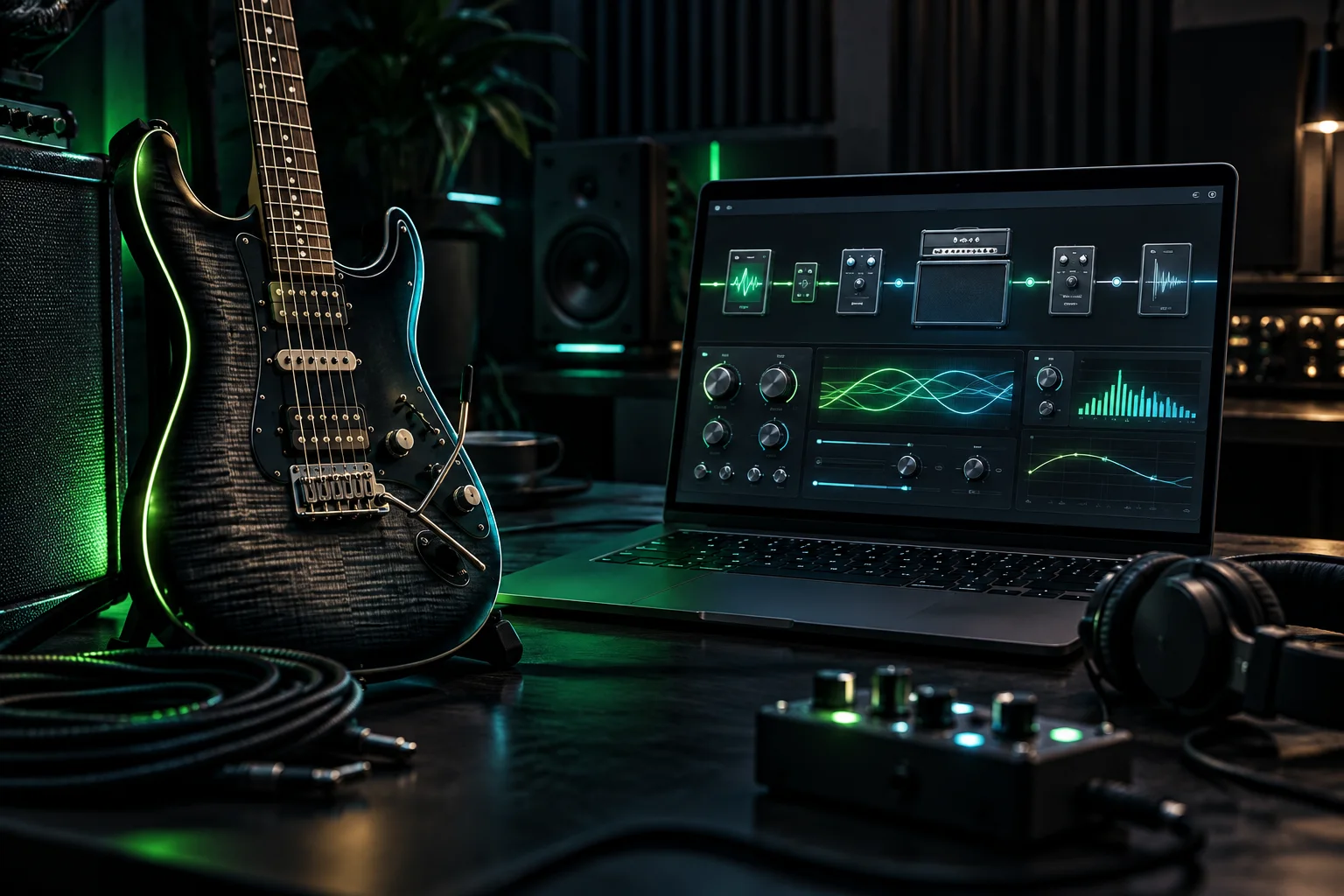 Guitarra, notebook e cadeia de plugins em estúdio